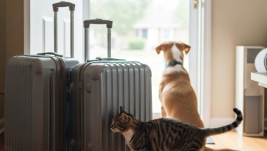 Photo Image of a cat and dog near the front door of a home with suitcases standing nearby.